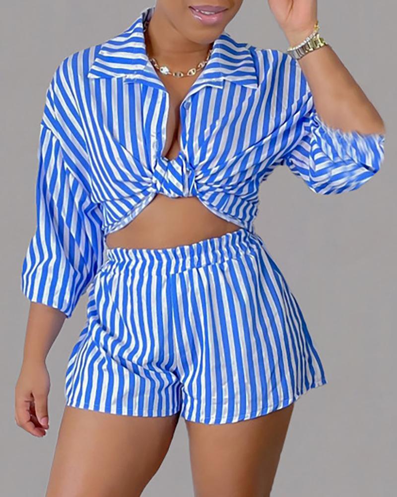 

Striped Print Buttoned Shirt & High Waist Shorts Set, Style1