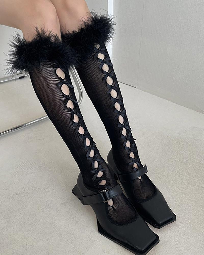 

1Pair Feather Trim Hollow Out Bowknot Decor Socks, Black