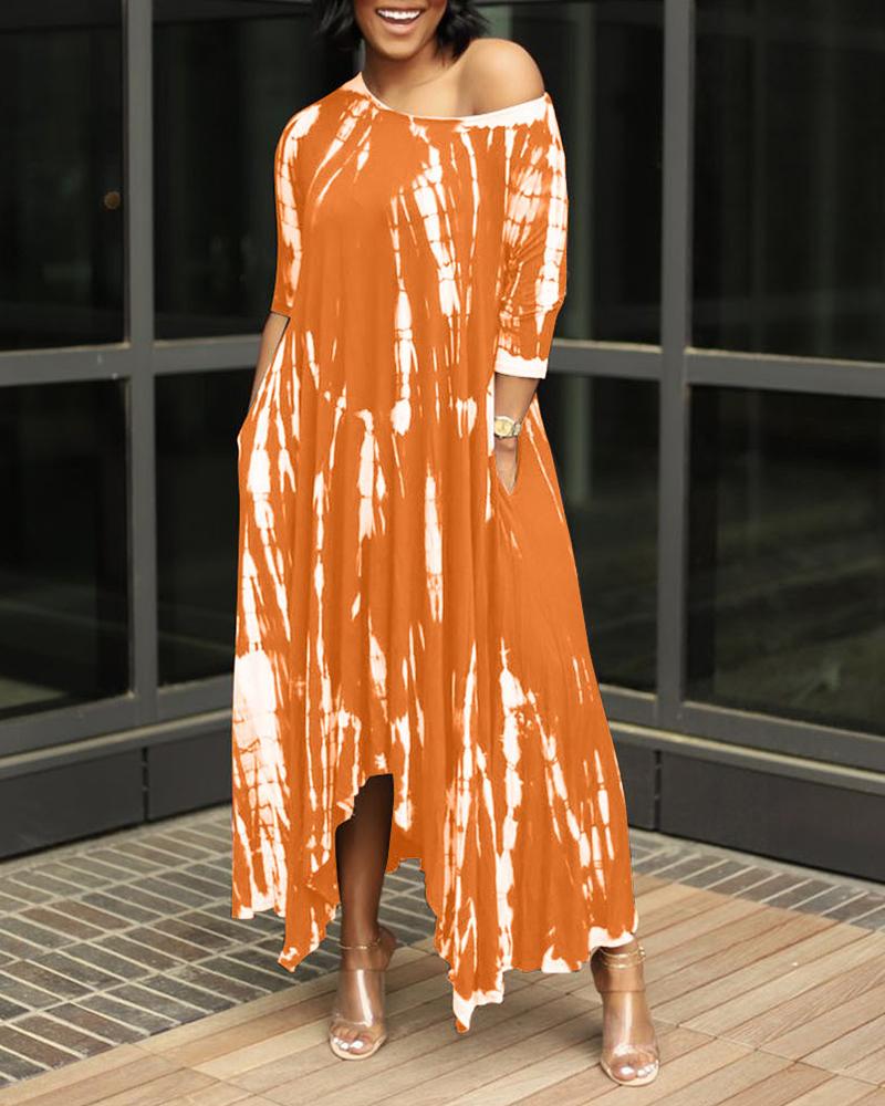 

Pocket Design Tie Dye Print Dip Hem Dress, Orange