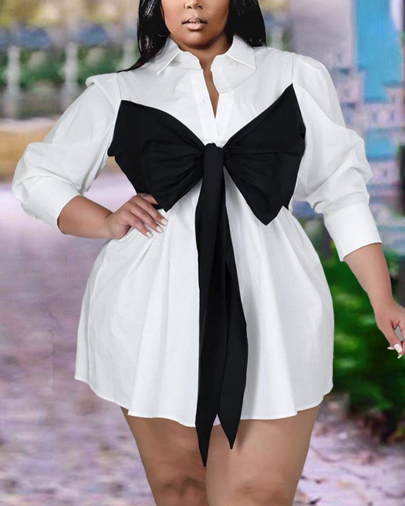 

Plus Size Bowknot Decor Long Sleeve Shirt Dress, Blackwhite