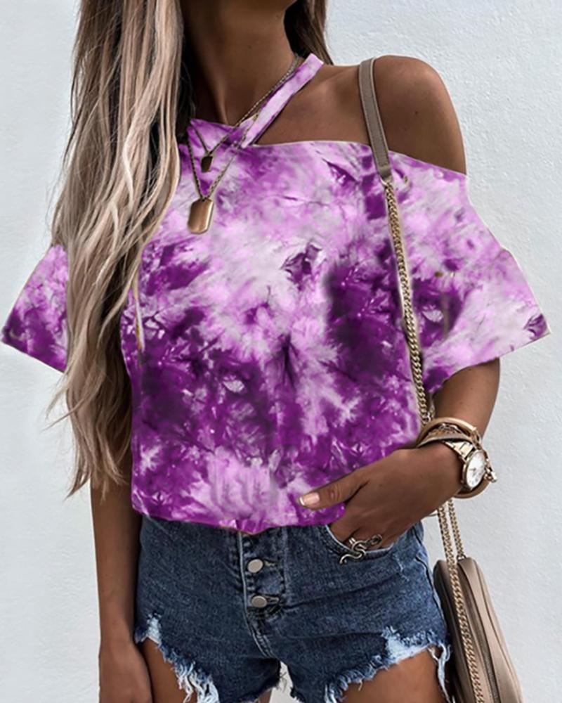 

Tie Dye Print Cold Shoulder Short Sleeve Top, Purple