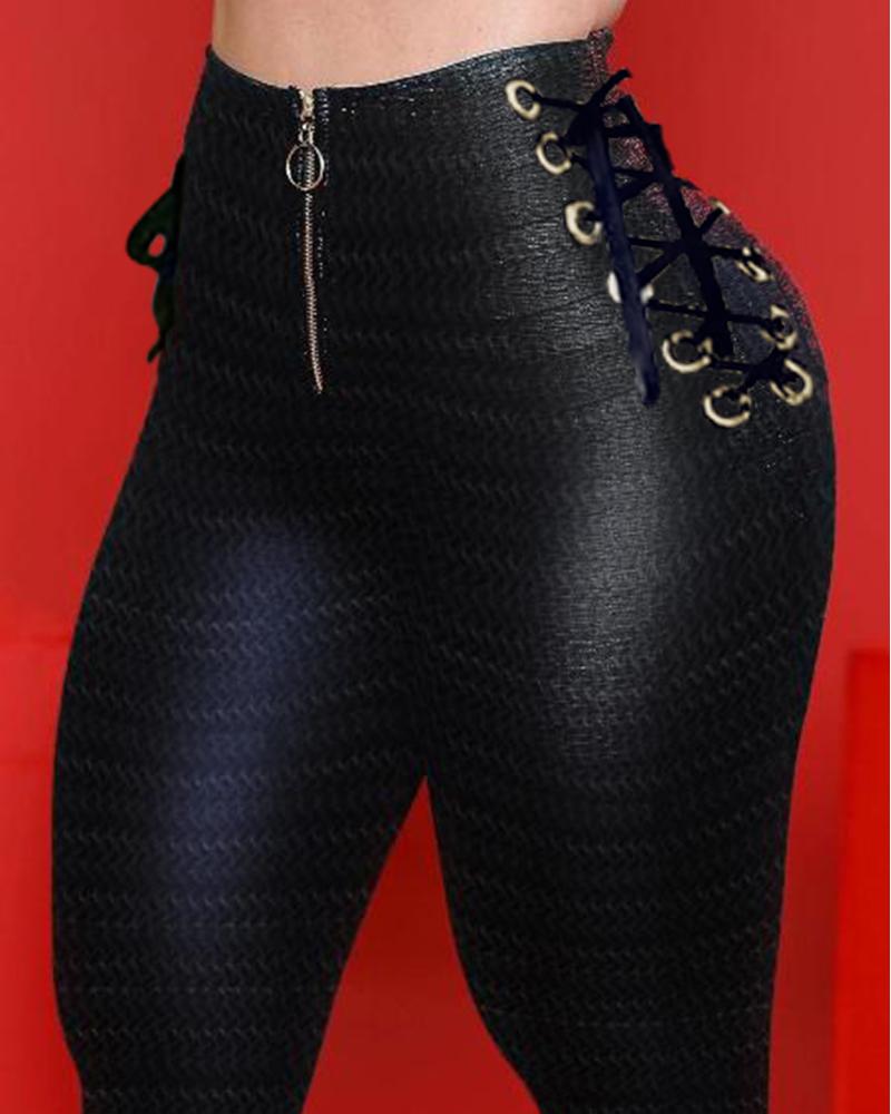 

Zipper Fly Grommet Eyelet Lace-Up Skinny Pants, Black