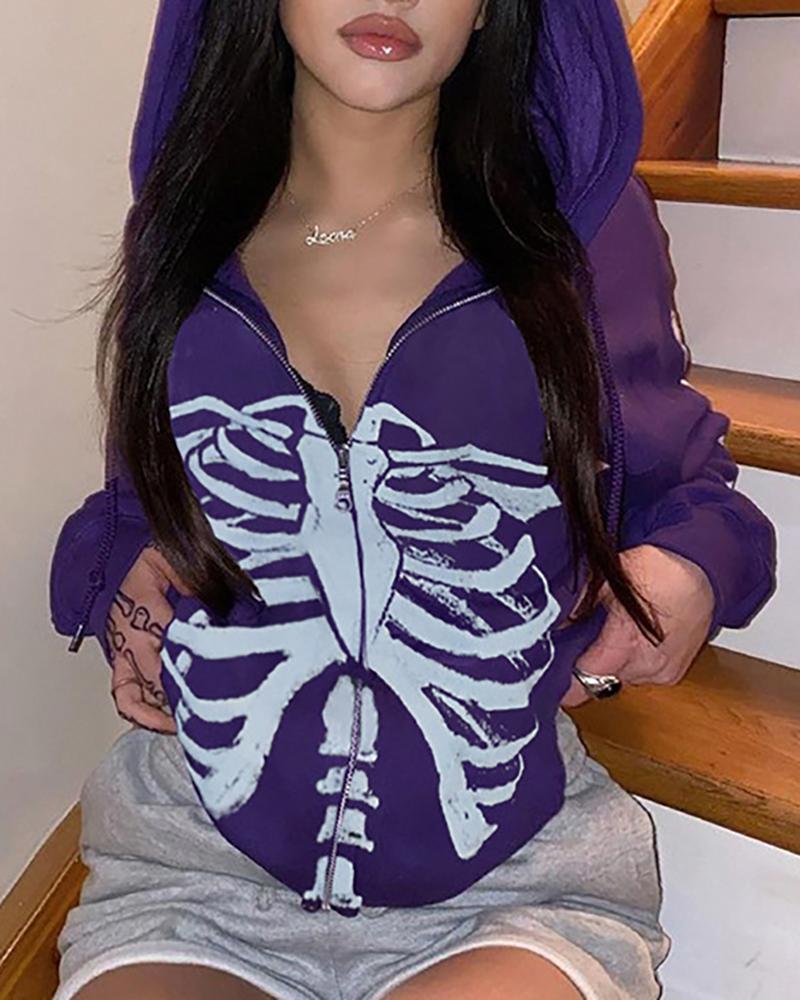 

Halloween Skeleton Print Hoooded Sweatshirt, Purple