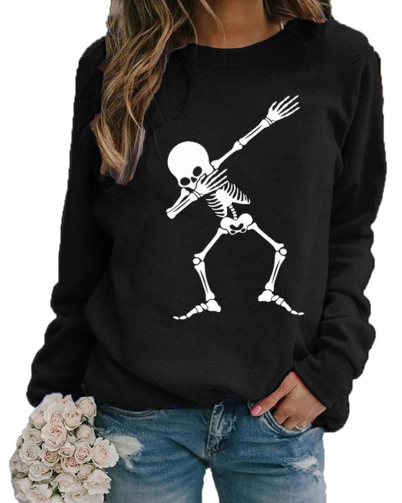 

Halloween Skeleton Print Long Sleeve Top, Black