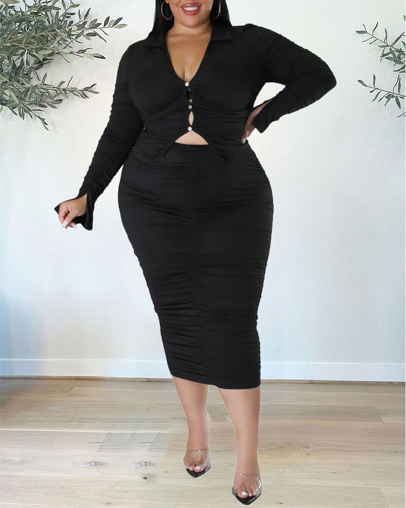 

Plus Size Long Sleeve Buttoned Shirt & Ruched Skirt Set, Black