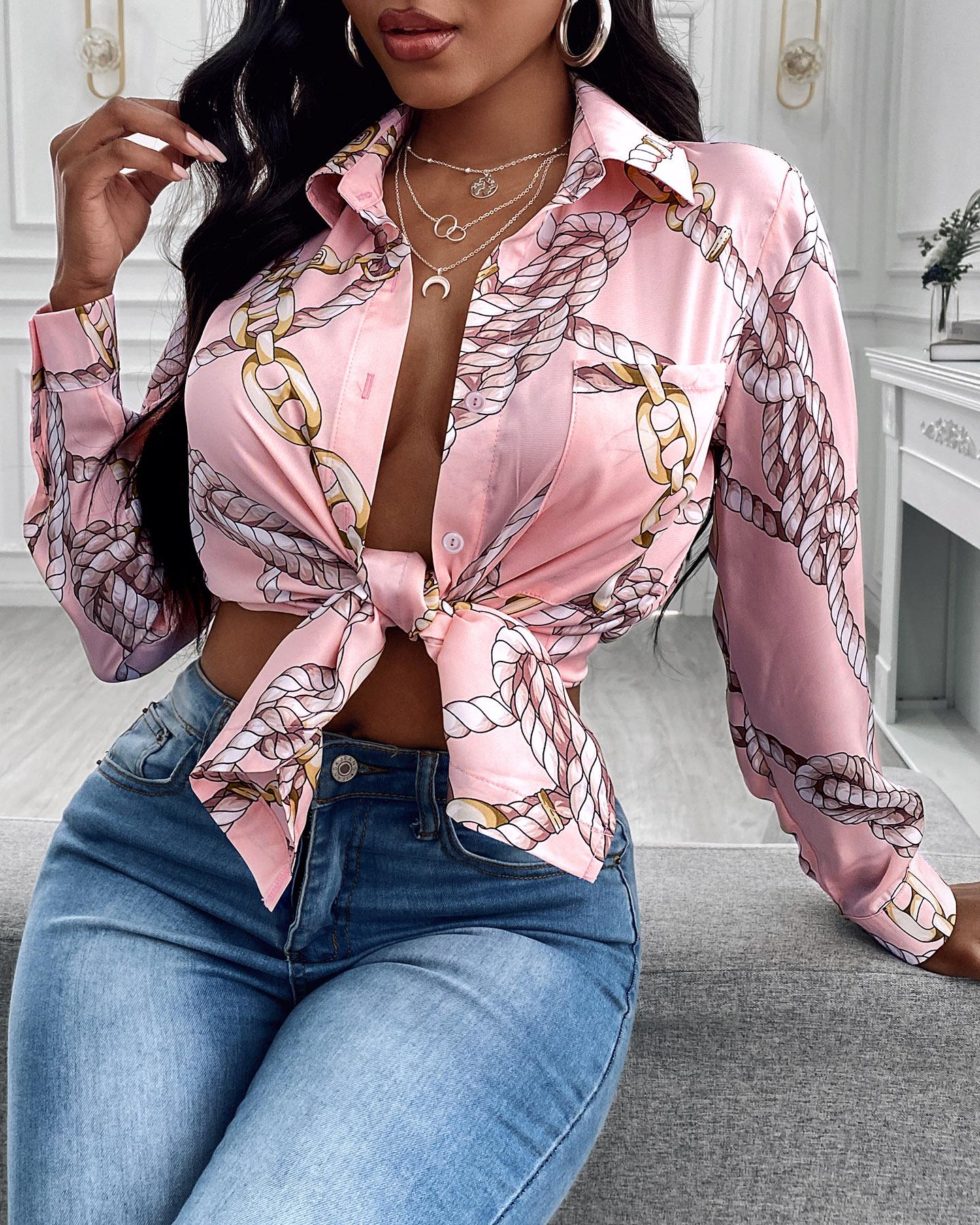 

Scarf Chain Print Satin Buttoned Shirt, Pink