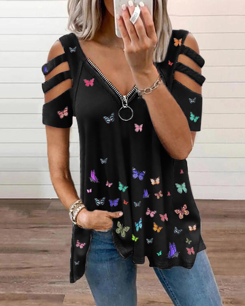 

Butterfly Print Cold Shoulder Cutout Sleeve Zip Front Top, Black