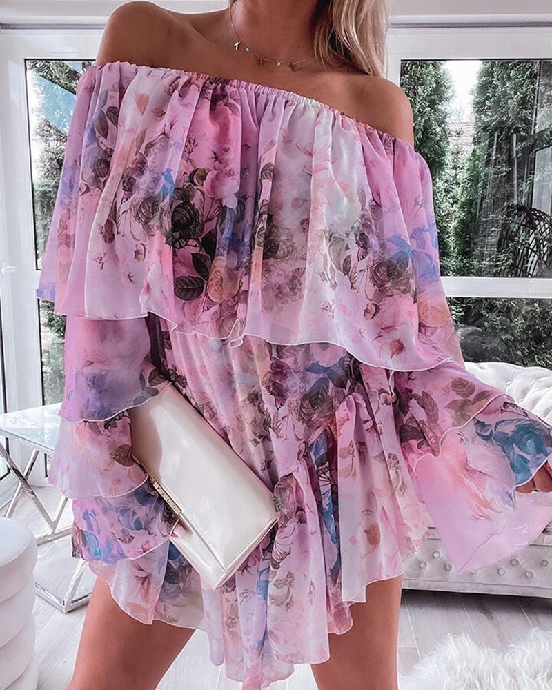 Floral Print Bell Sleeve Layered Ruffles Mini Dress