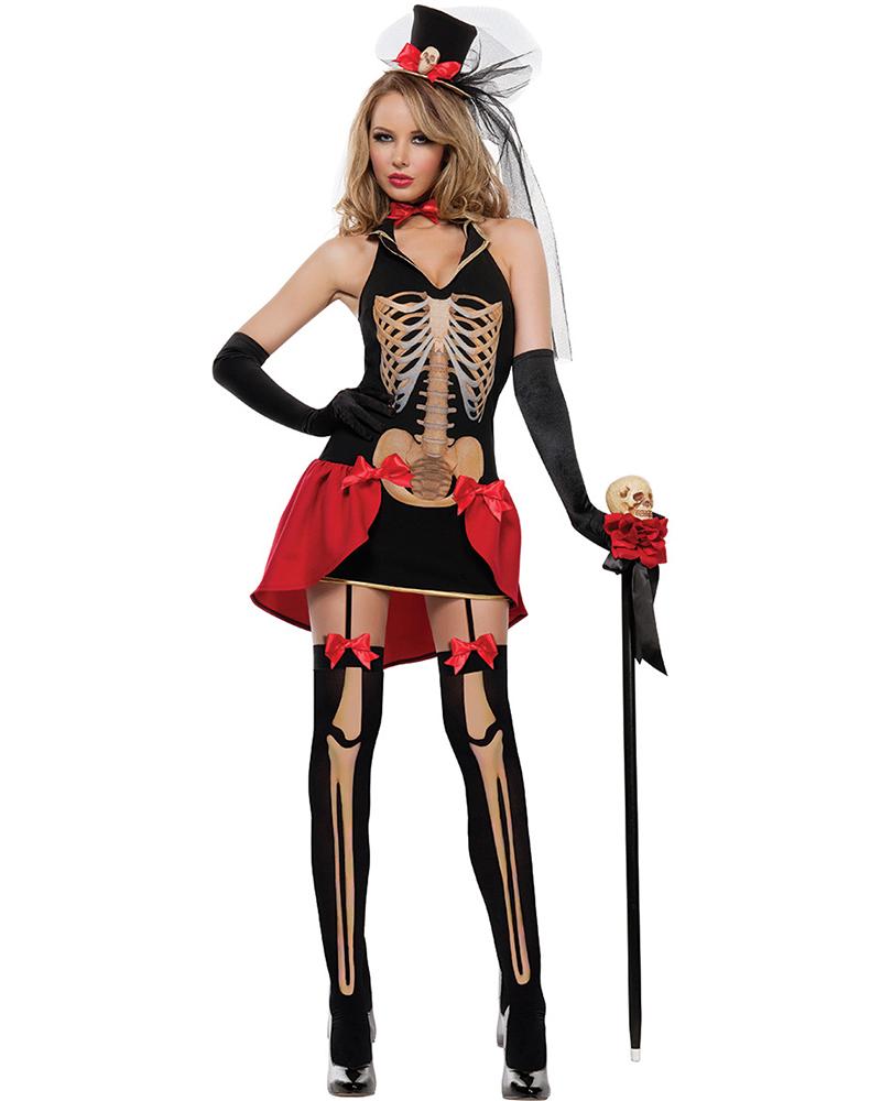 

Halloween Skeleton Print Zombie Bride Costume Set Carnival Party Game Cosplay, Black