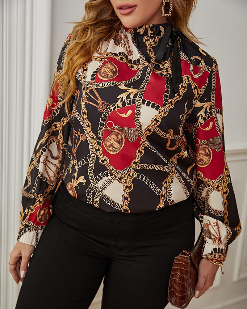 

Plus Size Chain Scarf Print Tie Neck Top, Apricot