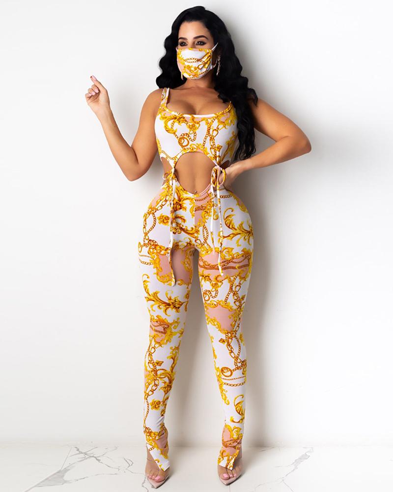 

Chain Print Colorblock Top With Face Bandana & Pants Set, Yellow
