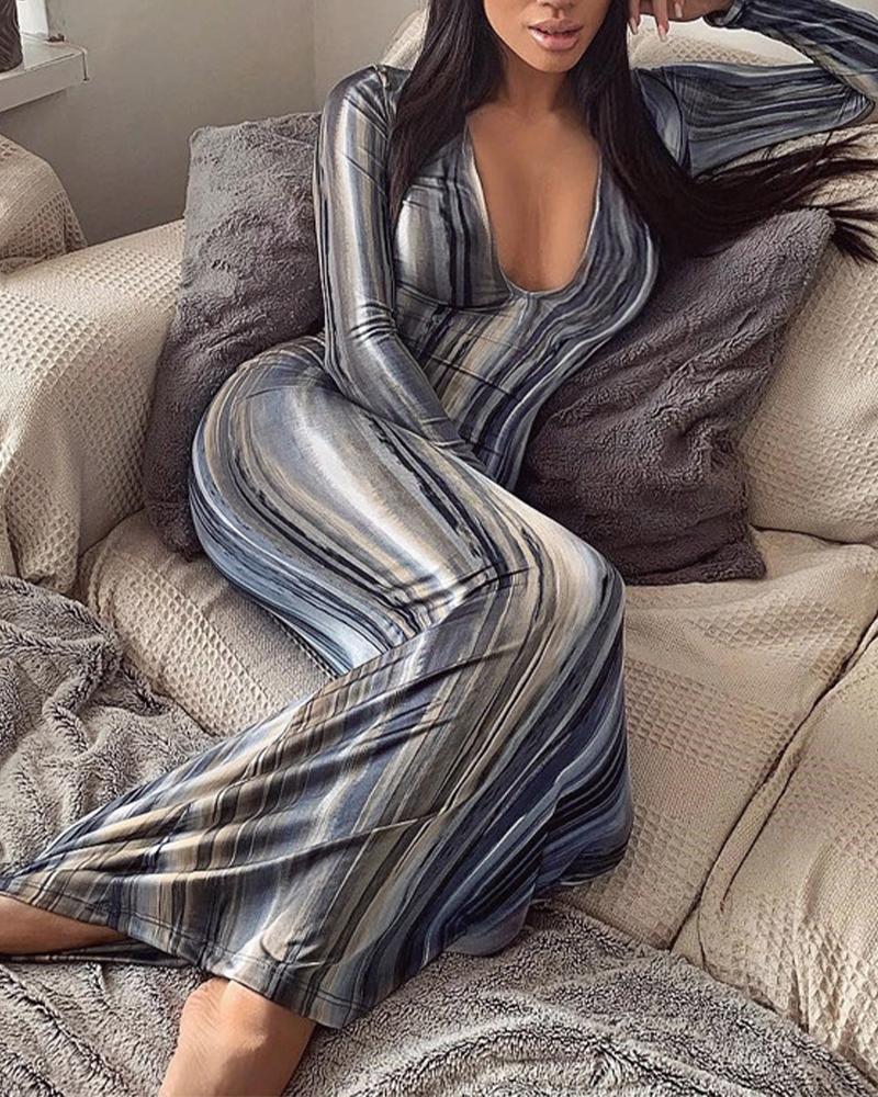 

Rainbow Stripe Deep V-Neck Skinny Maxi Dress, Blue