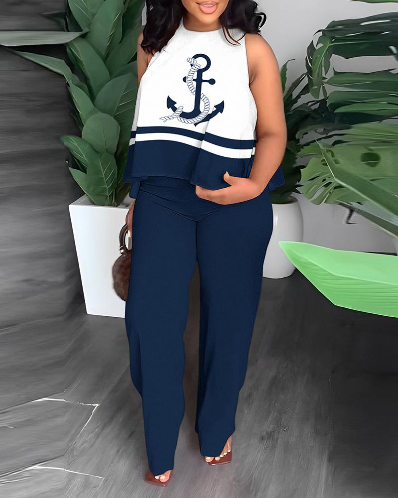 

Plus Size Anchor Print Striped Tank & Straight Leg Pants Set, Blue