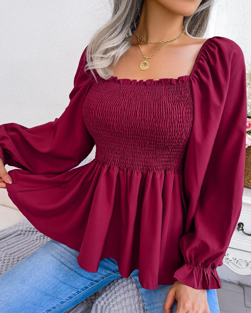 

Puff Sleeve Frill Hem Shirred Top, Wine red