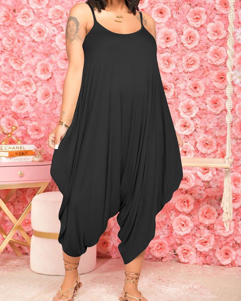 

Solid Color Sleeveless Loose Jumpsuits, Black