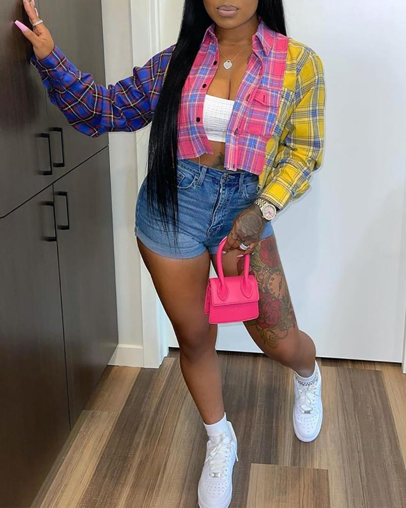 

Plaid Print Colorblock Buttoned Pocket Design Top, Hot pink