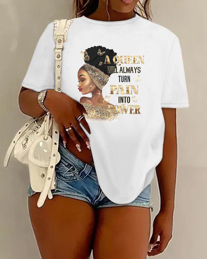 

Figure Queen Slogan Print Crew Neck Casual T-shirt, White