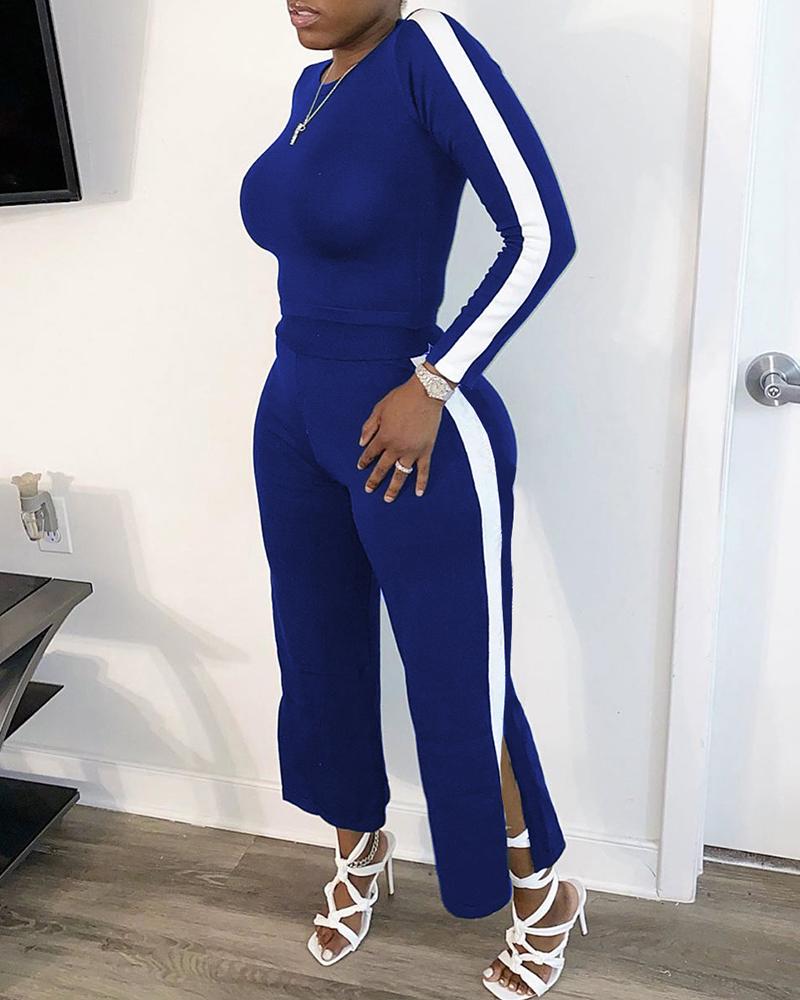 

Colorblock Striped Tape Casual Top & Slit Pants Set, Blue