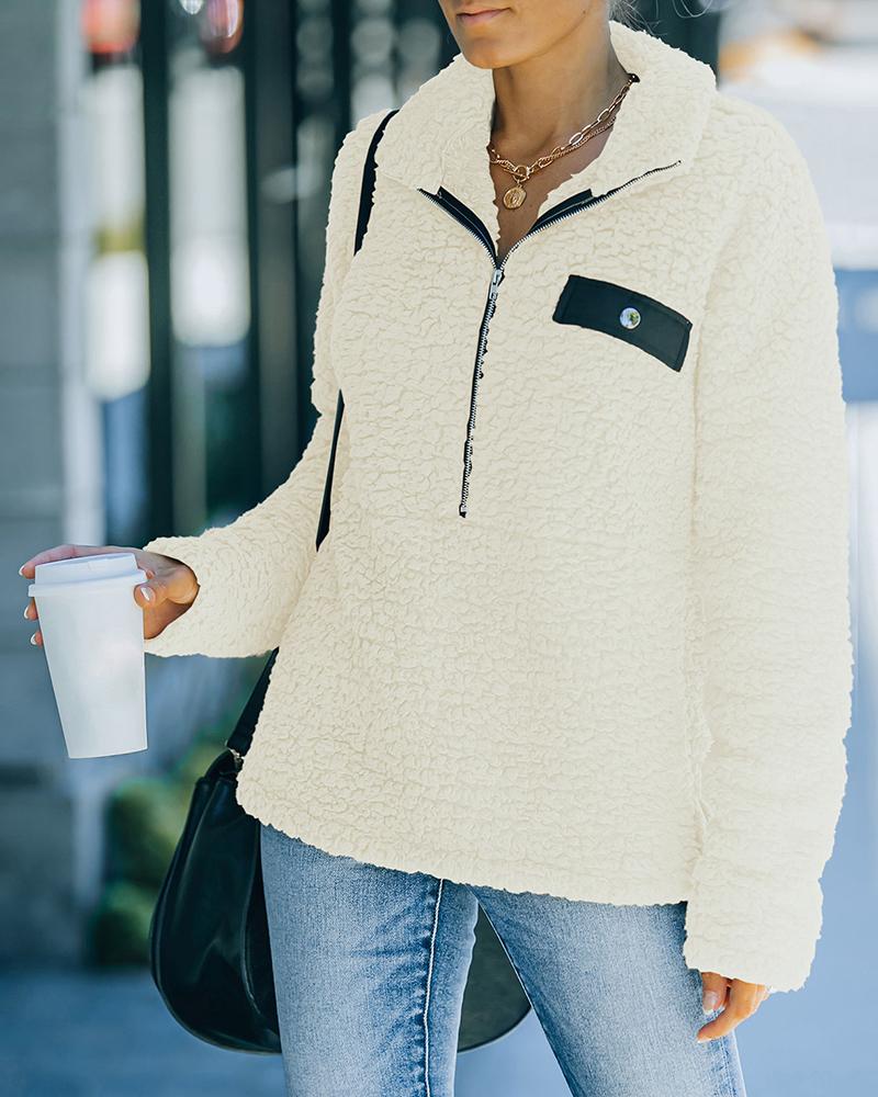

Zipper Design Long Sleeve Fake Pocket Fluffy Coat, Beige