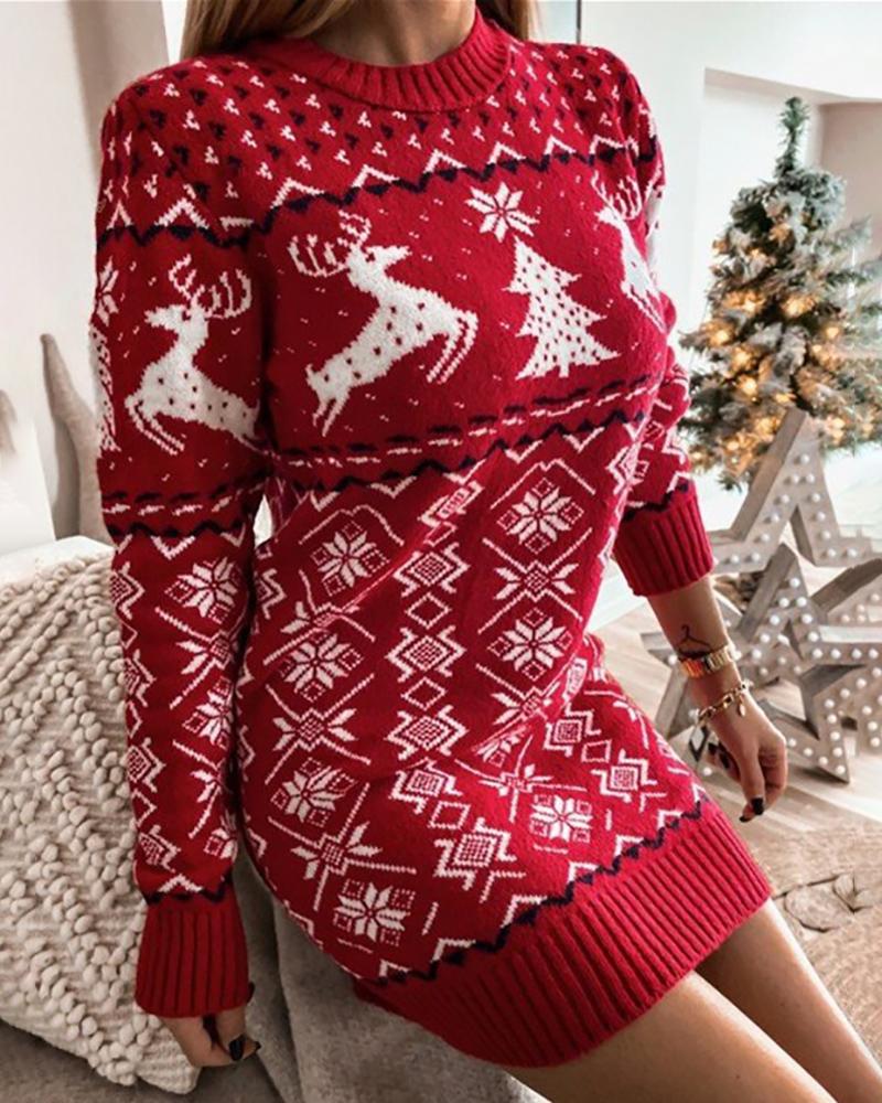 

Christmas Abstract Deer Print O Neck Sweater Dress, Red