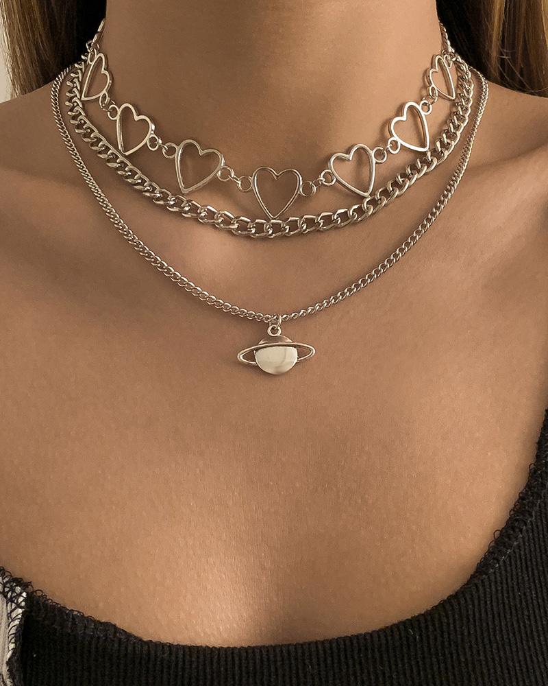 

3pcs Heart Planet Pattern Chain Pendant Necklace, Silver