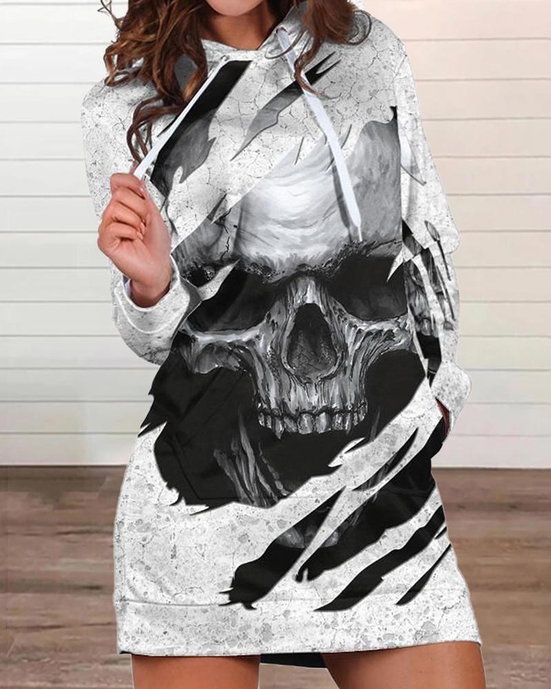 

Halloween Pocket Design Skull Print Hooded Sweatshirt Dress, White