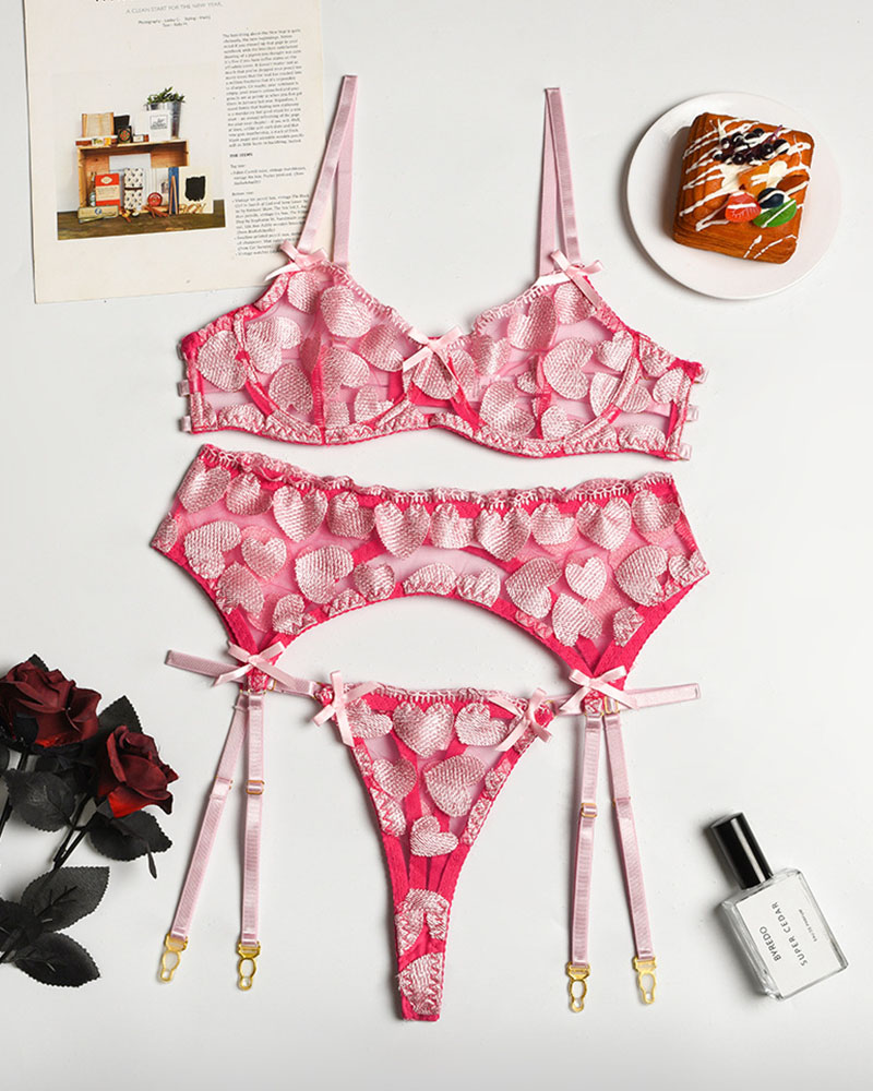

Embroidery Heart Lace Garter Lingerie Set, Hot pink