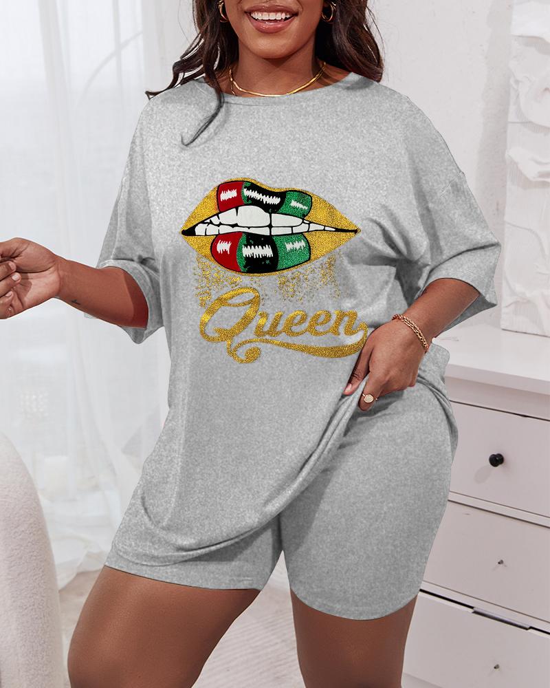 

Plus Size Lip Queen Letter Print Pajamas Set, Gray