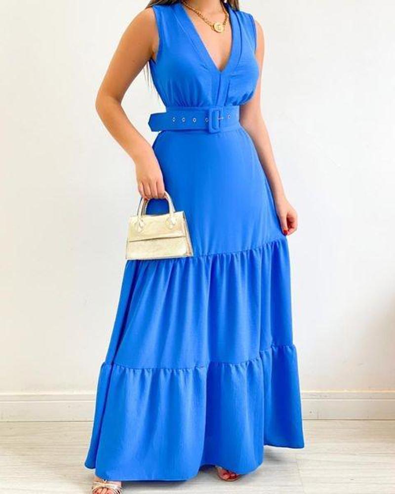 

Sleeveless V-Neck Belted Maxi Dress, Blue