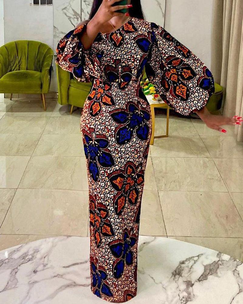 

Leaf Print Cold Shoulder Lantern Sleeve Maxi Dress, Orange