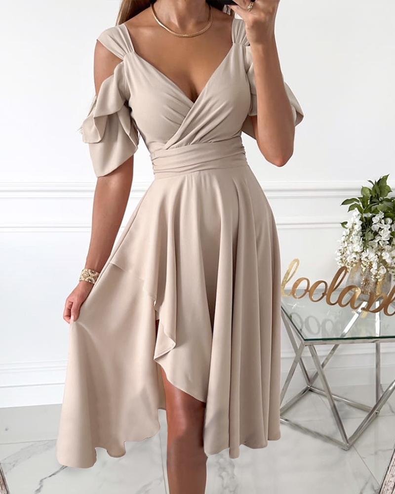 

Cutout Ruched Ruffle Hem Asymmetrical Party Dress, Apricot