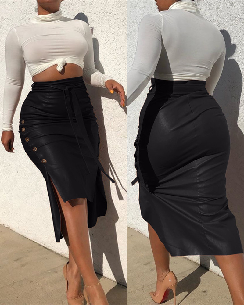 

Buttoned Slit PU Leather Midi Skirt, Black