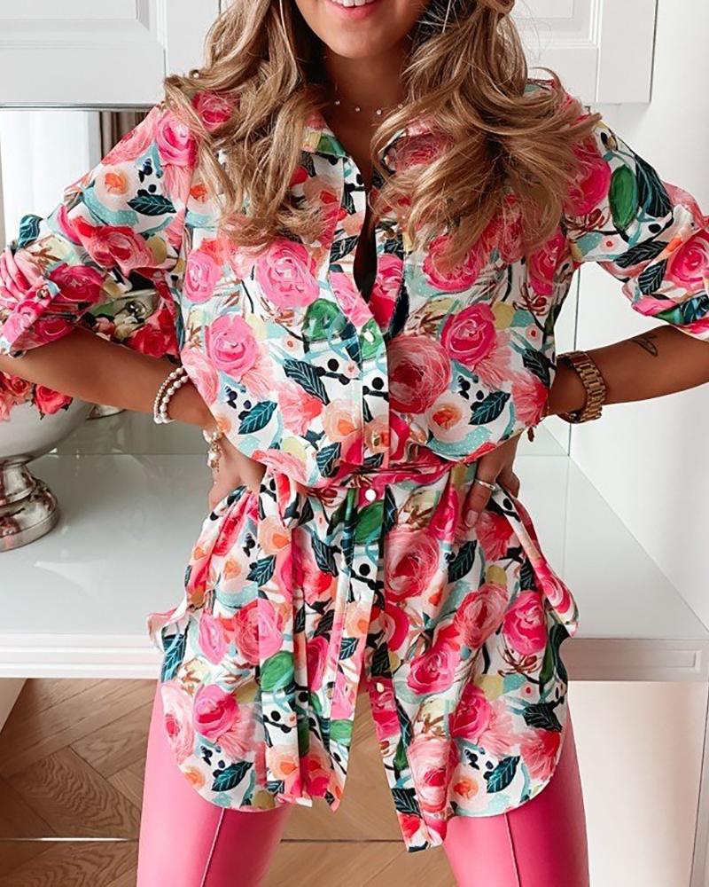 Floral Print Button Tie Front Half Sleeve Shirt Dress