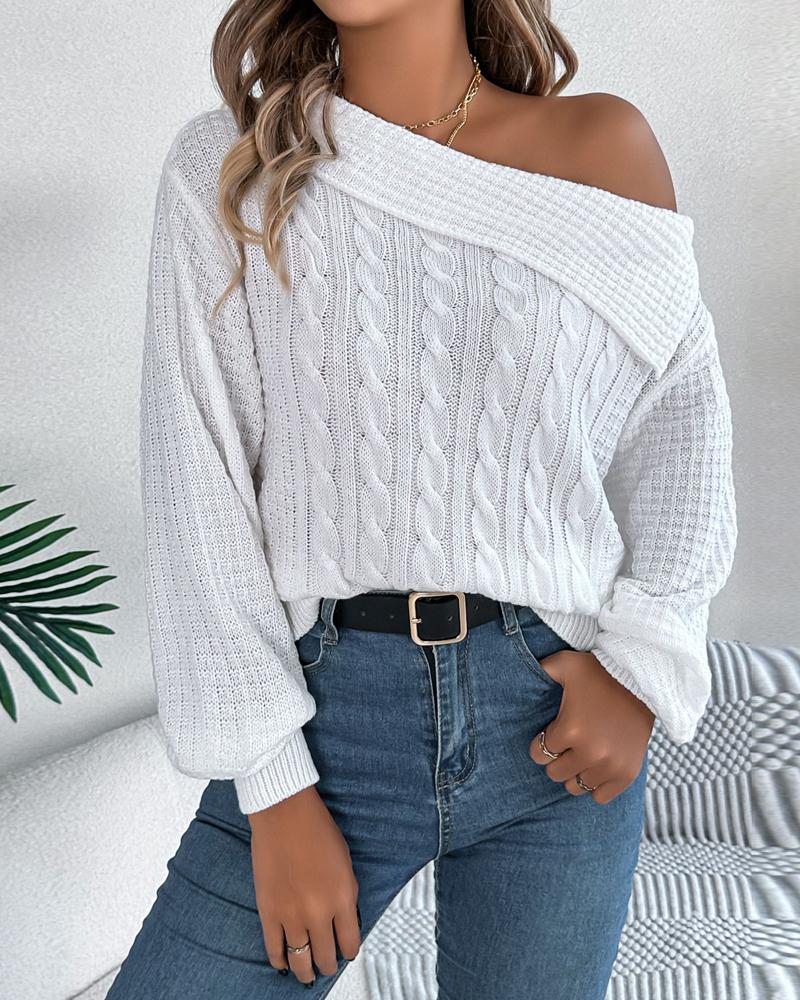 

Skew Neck Long Sleeve Cable Knit Sweater, White