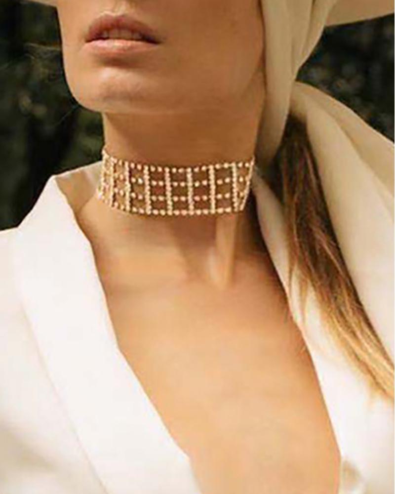 

1PCS Wide Band Rhinestone Cutout Design Choker Necklace, Gold