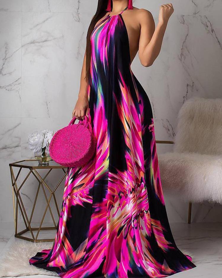

Halter Colorful Print Open Back Maxi Dress, Purple