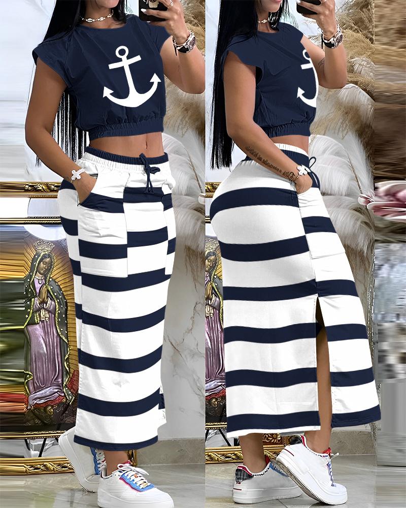

Anchor Print Crop Top & Striped Slit Skirt Set, Blue