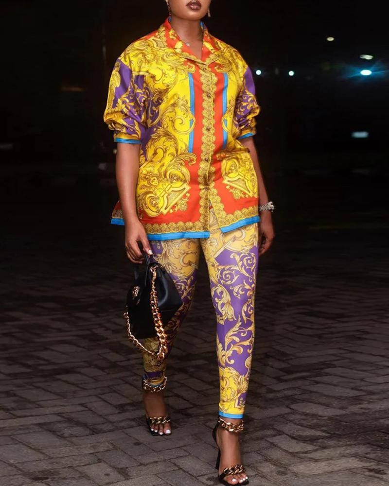 

Baroque Print Buttoned Top & Pants Set, Yellow