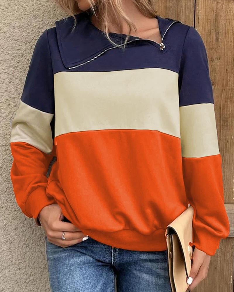 

Colorblock Zip Detail Long Sleeve Sweatshirt, Orange