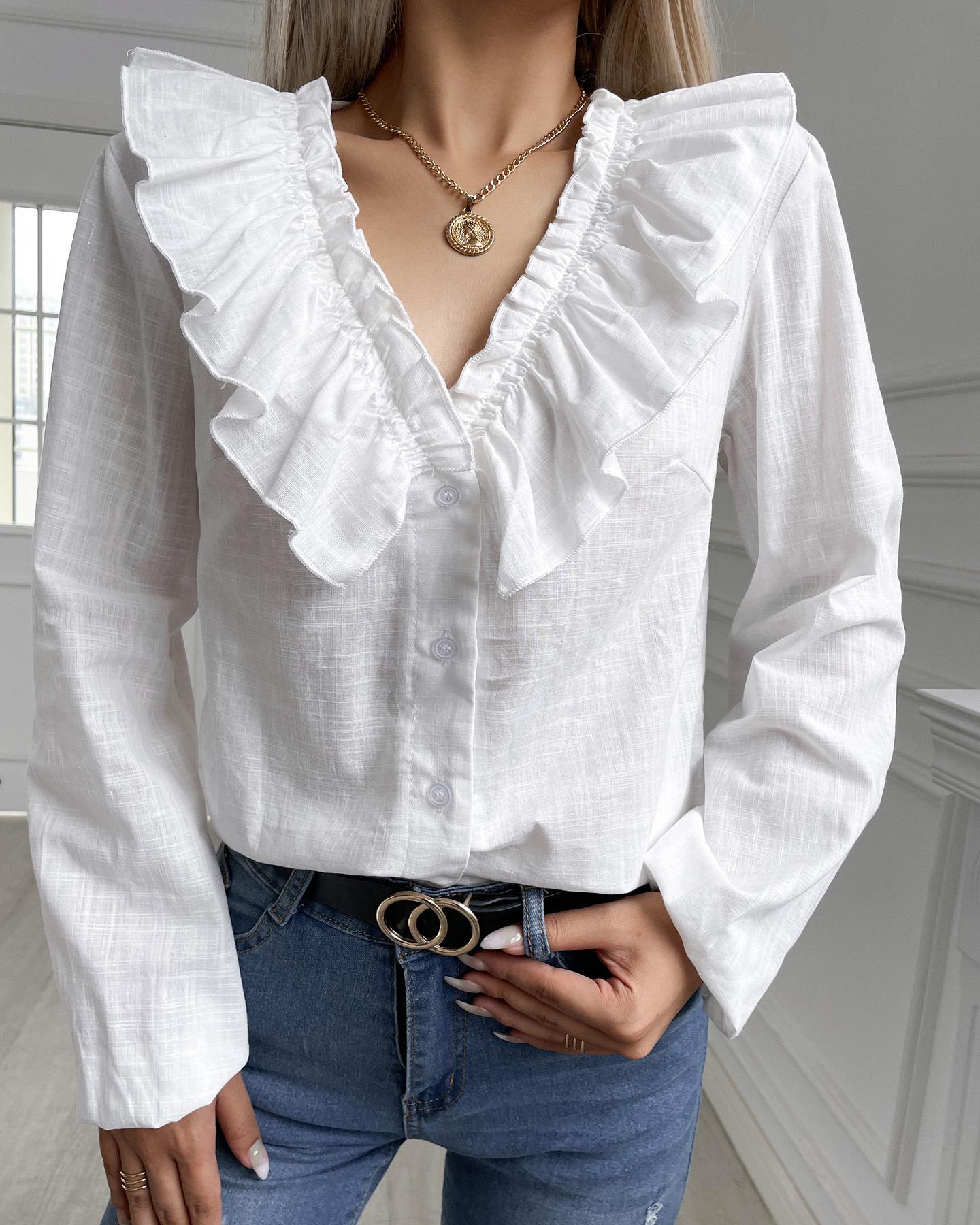 

Buttoned Long Sleeve Ruffles Frill Hem Top, White