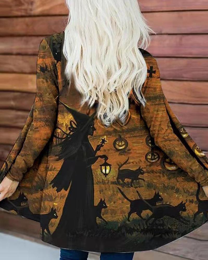 

Halloween Graphic Print Long Sleeve Coat, Brown