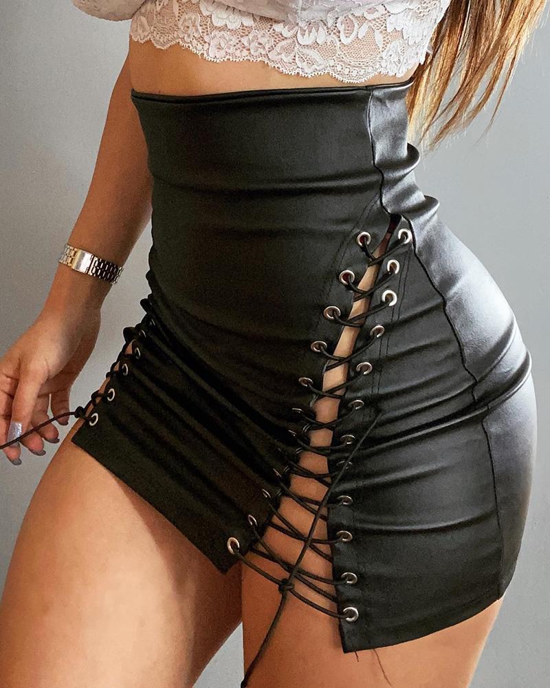 High Waist PU Leather Eyelet Lace-Up Skirt