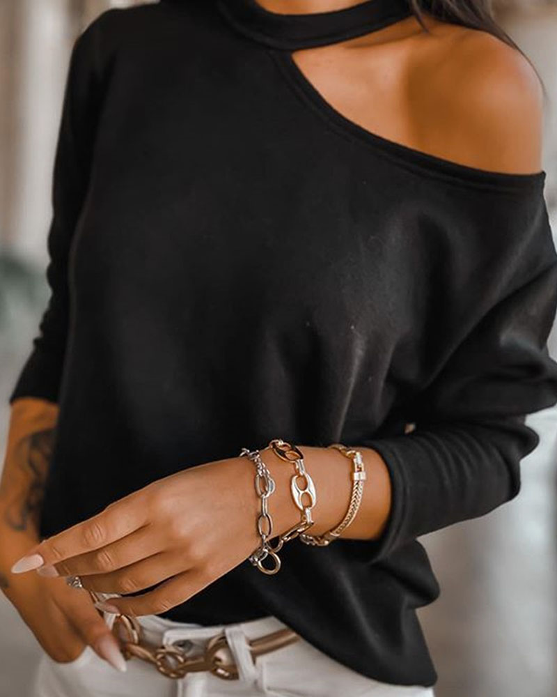 

Plain Cold Shoulder Long Sleeve Top, Black