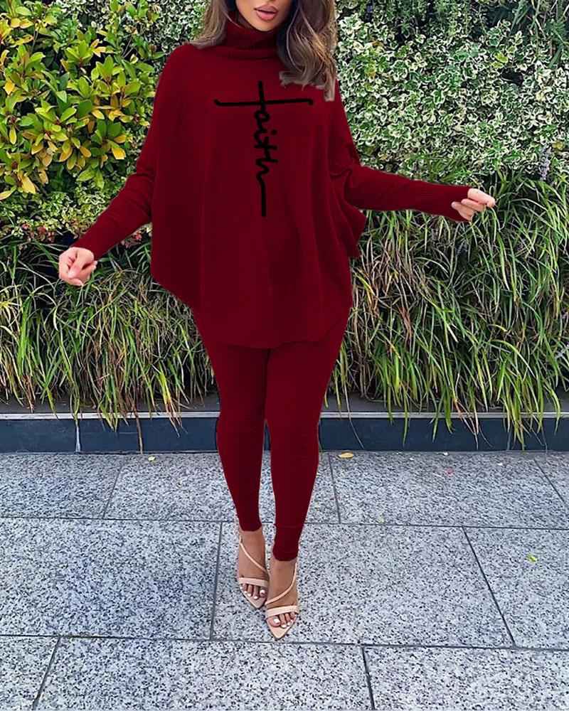 

Letter Print Batwing Sleeve Top & Pants Set, Wine red