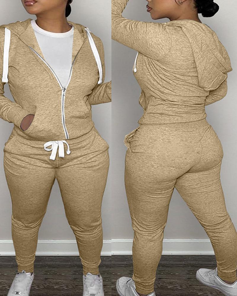 

Plus Size Zipper Design Sweatshirt & Sweatpants Set, Apricot