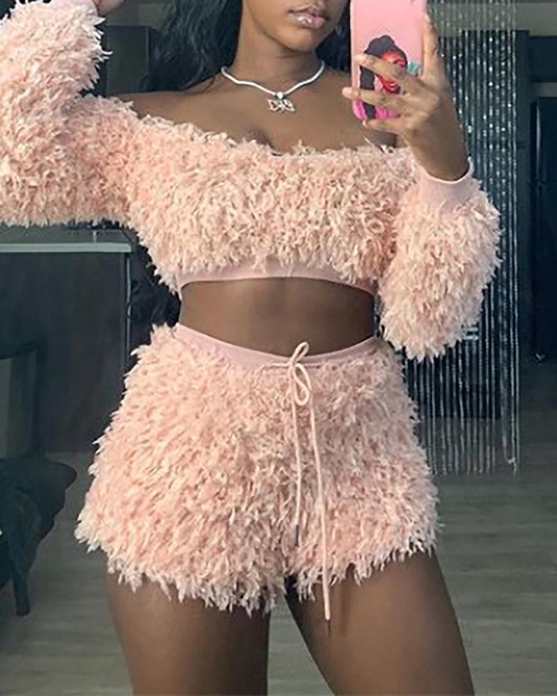 

Off Shoulder Fluffy Top & Drawstring Shorts Set, Pink