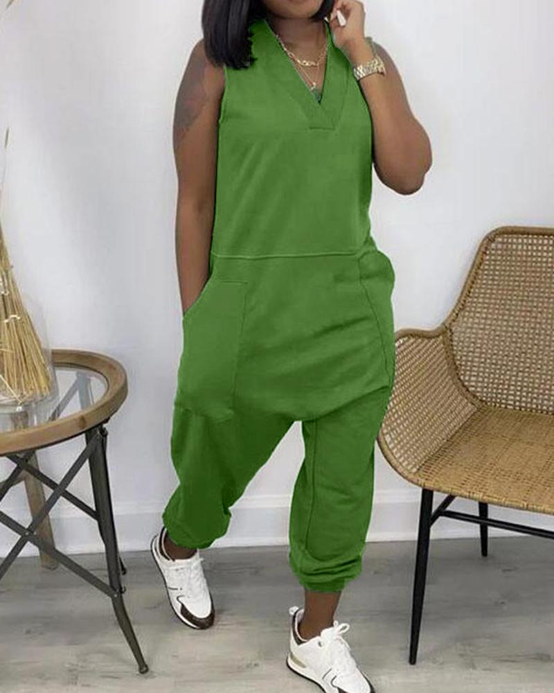 

Sleeveless Pocket Design V-Neck Jumpsuit, Green