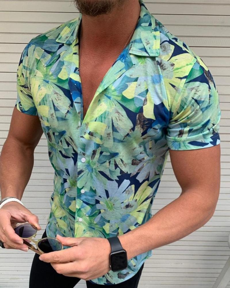 

3D Floral Print Short Sleeve T-shirt, Green