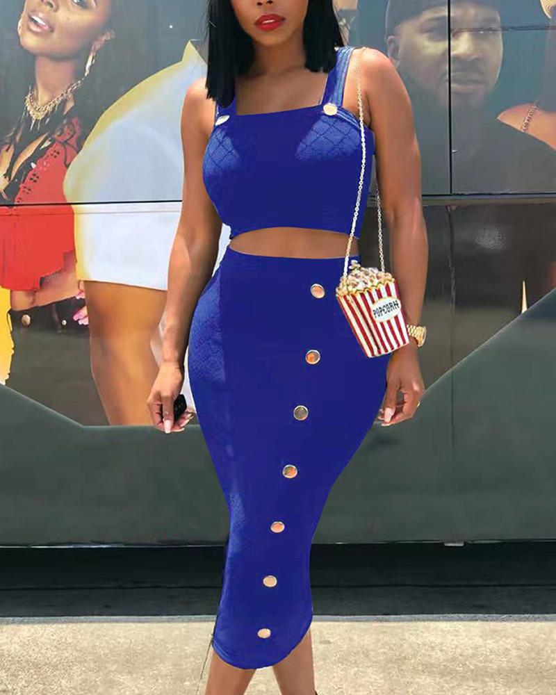 

Button Design Thin Strap Crop Top & Skirt Sets, Blue