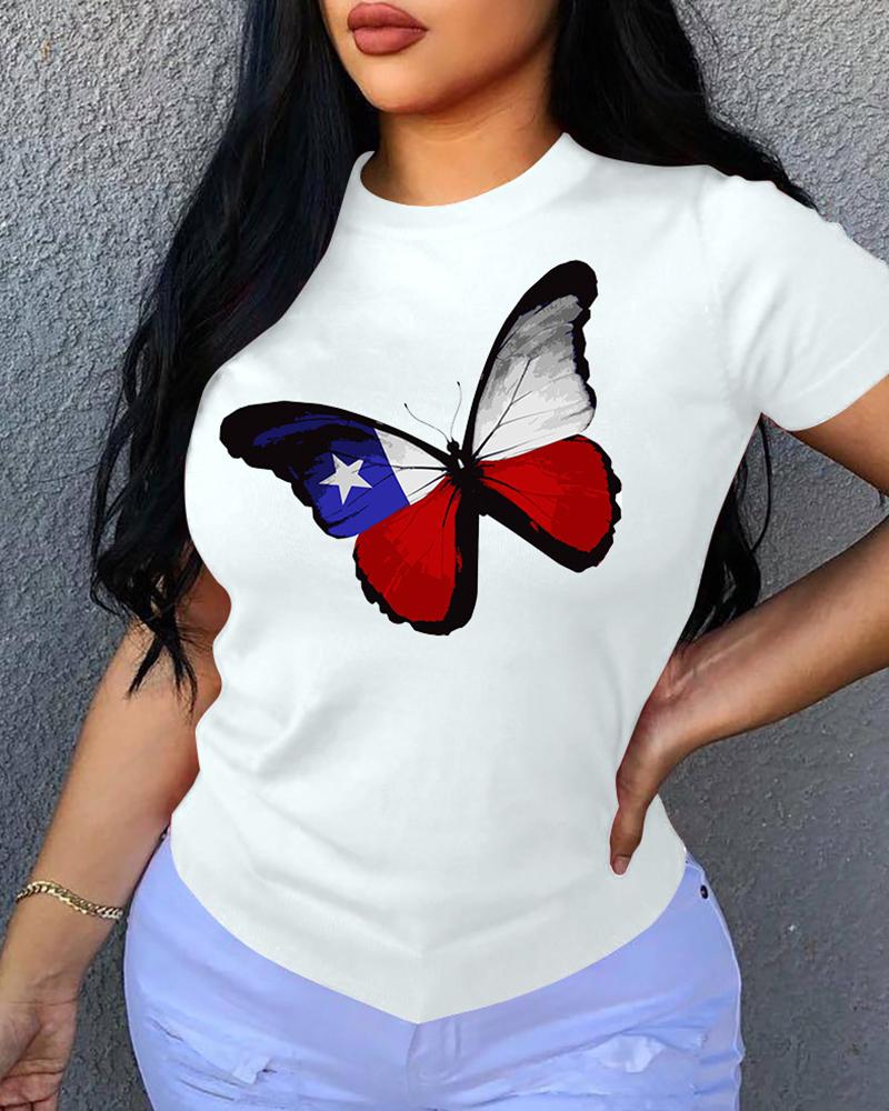 

Butterfly Print O-neck Short Sleeve T-shirt, White